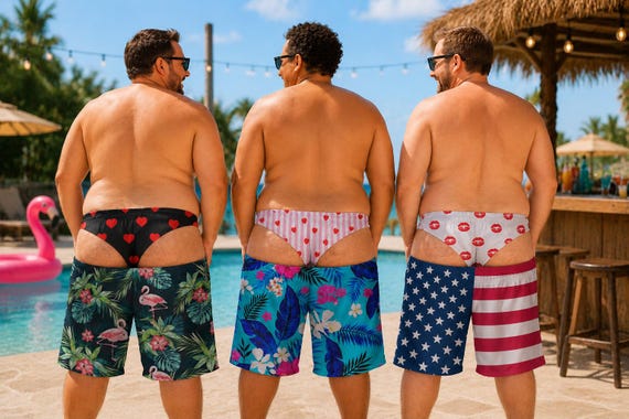 Custom Funny Men Swim Trunks, Fake Underwear Beach Shorts, Fake Butt Novelty Board Shorts, Husband Dad Gag Gift For Him
