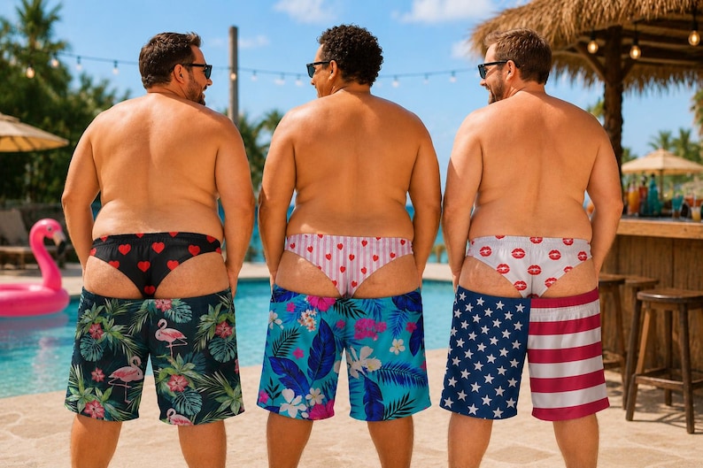 K&ouml;nnte beinhalten: Drei Badehosen mit verschiedenen Mustern: eine schwarze mit rosa Flamingos, eine blaue mit tropischen Blumen und eine mit amerikanischem Flaggendesign. Jede Badehose wird mit einer passend gemusterten Unterhose darunter getragen.