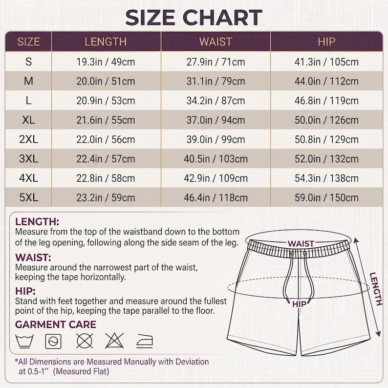 K&ouml;nnte beinhalten: Eine Gr&ouml;&szlig;entabelle f&uuml;r Shorts mit den Gr&ouml;&szlig;en S bis 5XL, die L&auml;nge, Taille und H&uuml;ftma&szlig;e in Zoll und Zentimetern auflistet. Enth&auml;lt eine Skizze der Shorts mit Beschriftungen f&uuml;r Taille, H&uuml;fte und L&auml;nge sowie Pflegesymbole f&uuml;r das Kleidungsst&uuml;ck.