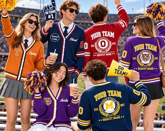 Personalized School Mascot Team Cardigan, Varsity Button Up Sweater, Game Day Name Number Wool Knitwear, College Spirit Sports Fan Gift