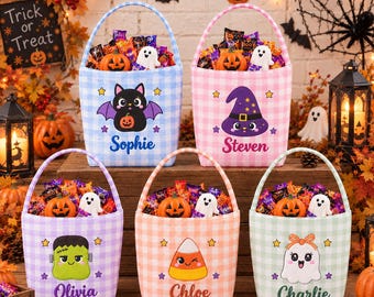 Personalized Halloween Candy Basket, Custom Trick or Treat Bag, Gingham Boo Bucket for Kids, Toddler Ghost Pumpkin Gift
