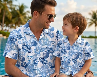 Father Son Matching Star Wars Hawaiian Shirt, R2D2 Stormtrooper Blue Toile Button Up, Galaxy Edge Vacation Outfit, Daddy & Me Beach Wear