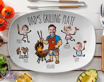 Custom Face Dad's Grilling Decorative Plate, Personalized BBQ Keepsake with Kids and Pet Photo, Funny Fathers Day Gift, Kitchen Display Art