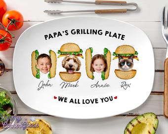 Custom Face Burger Hotdog Decorative Plate, Funny Papa BBQ Keepsake with Kids and Pet Photo, Fathers Day Gag Gift for Grandpa, Dad Decor