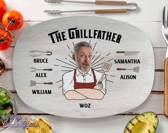 The Grillfather Custom Face Decorative Plate, Personalized BBQ Keepsake with Kids Names, Funny Fathers Day Gift for Grandpa, Man Cave Decor