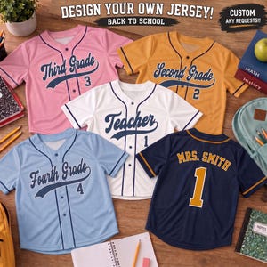 May include: Five short-sleeved button-down baseball jerseys in pink, yellow, white, light blue, and navy blue. The jerseys feature text including Third Grade, Second Grade, Teacher, Fourth Grade, and Mrs. Smith with corresponding numbers.