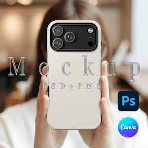 May include: A white phone case with a black camera module is held up in front of a person. The word "Mockup" is displayed in silver letters. Below the word "Mockup" is the text "PSD + PNG". Icons for Photoshop and Canva are in the bottom right.