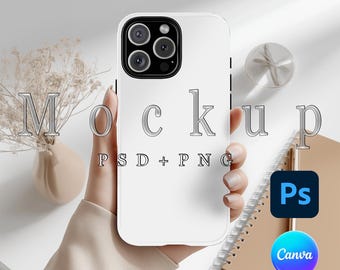 iPhone 16 Case Mockup: Smart Object PSD, Canva, PNG (Digital Download) Desk Beige