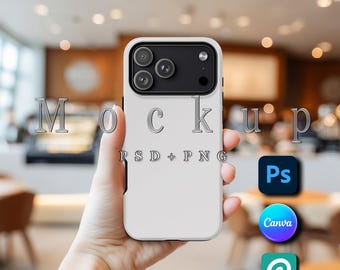 May include: A white phone case with a black camera module is held in a hand. The word "Mockup" is displayed in silver letters. Below the phone case are the words "PSD + PNG" and icons for Photoshop, Canva, and Pinterest.