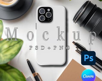 May include: A white phone case mockup with a triple-lens camera design. The image includes the text "Mockup PSD + PNG", a black pen, a coffee cup, a camera lens, and design software icons.