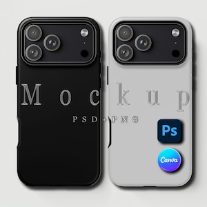 May include: Two smartphone cases, one black and one light grey, with a triple-lens camera design. The black case has the word "Mockup" printed on it. The light grey case has the word "Mockup", the letters "PSD+PNG", and the Adobe Photoshop and Canva logos.