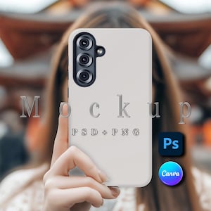 May include: A light-colored phone case with a triple-lens camera is held up in front of a blurred background. The word "Mockup" is displayed in silver text, along with "PSD + PNG". Icons for Photoshop and Canva are also visible.