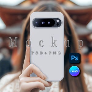 May include: A white smartphone case with a camera module is held up in front of a blurred background. The case has the word "Mockup" and "PSD + PNG" printed on it. Icons for Photoshop and Canva are also visible.