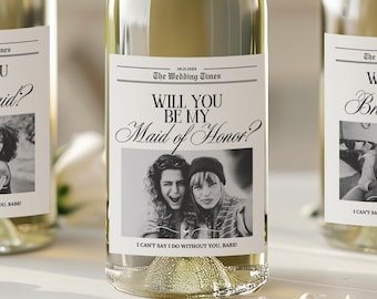 Wijnetiket bruidsmeisjesvoorstel | Krantenstijl | Aangepaste foto (digitale download)