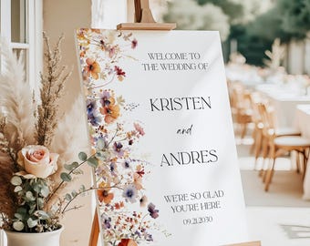 Placa de boas-vindas para casamento | Arranjo floral rústico com flores silvestres | Modelo editável no Canva (Download instantâneo)