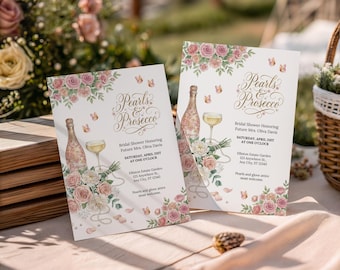 Pearls and Prosecco Bridal Shower Invitation | Champagne Brunch Invite | Editable Canva Template | Instant Download