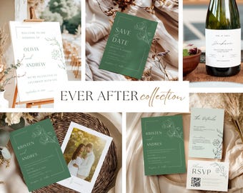 Modern Green Floral Wedding | Custom Signs | Stationery & Invitation Suite | Customizable Canva Templates (Instant Download)