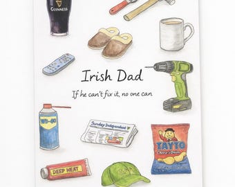 Ilustración/tarjeta de un padre irlandés con la frase "Si él no puede arreglarlo, nadie puede" (tamaños A5/A4/A3).