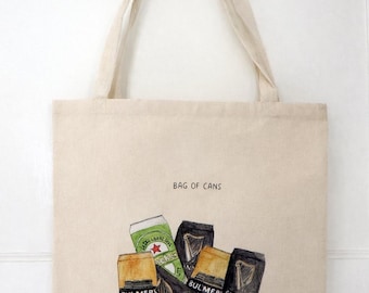 Bolsa de latas – Ilustración dibujada a mano, bolsa de compras de algodón natural