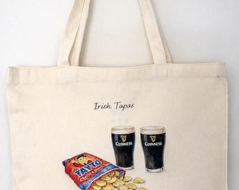 Bolso de tela con estampado de tapas irlandesas / Ilustración de Guinness Tayto / Bolso de compras de lona dibujado a mano