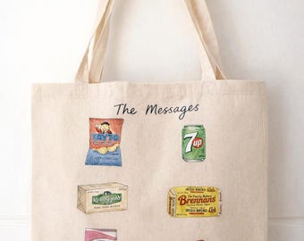 Bolsa de compras de lona con estampado nostálgico de comida irlandesa dibujada a mano.