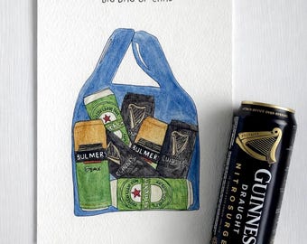Lámina con diseño de una gran bolsa de latas: ilustración de bebidas irlandesas, arte mural humorístico (A5/A4/A3)