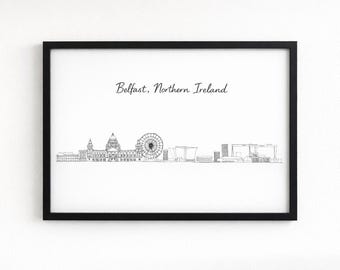 Lámina con el horizonte de Belfast / Dibujo minimalista a mano alzada / Blanco y negro, azul verdoso, puesta de sol (A5/A4/A3)