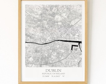 Mapa de la ciudad de Dublín para imprimir – Color personalizado, coordenadas de Irlanda (A5/A4/A3)
