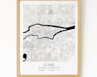 Mapa de la ciudad de Cork para imprimir – Color personalizado, coordenadas de Irlanda (A5/A4/A3)