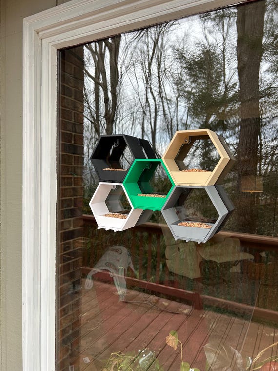 Window Mount Hexagon Bird Feeder | Suction Cup Feeder | Modern Outdoor Bird Feeder for Backyard & Apartment Windows