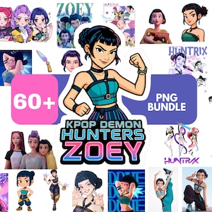 Pode incluir: Uma coleção de arte digital com os personagens de "KPOP Demon Hunters Zoey". As imagens incluem ilustrações de Zoey e outros personagens em várias poses. As imagens estão em um pacote PNG.