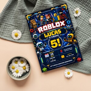 May include: A rectangular Roblox-themed birthday invitation card featuring various block-style characters, the text ROBLOX, LUCAS IS TURNING 5!, and event details including Sunday 25 May, 2:00 PM to 5:00 PM, 123 Anywhere St, and RSVP 123-456-7890.
