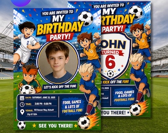 Puede incluir: Una tarjeta de invitación de cumpleaños con jugadores de fútbol estilo anime, un marco de fotos circular central y texto que incluye "YOU ARE INVITED TO MY BIRTHDAY PARTY!", "JOHN TURNED 6" y detalles del evento para el 22 de junio de 2025.