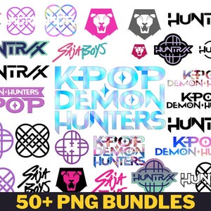 May include: A collection of various logos and graphic designs in multiple colors, including pink, purple, and blue. The text includes "SAJA BOYS", "HUNTRAX", and "K-POP DEMON HUNTERS". The image also contains the text "50+ PNG BUNDLES".