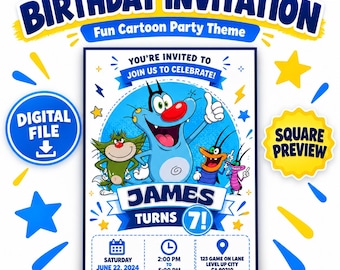 May include: A birthday invitation featuring cartoon characters Oggy, Jack, and Dee Dee. The text reads BIRTHDAY INVITATION, YOU'RE INVITED TO JOIN US TO CELEBRATE, JAMES TURNS 7, SATURDAY JUNE 22, 2024, 2:00 PM TO 5:00 PM, 123 GAME ON LANE, RSVP TO MOM: 123-456-7890.