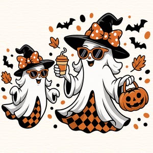 May include: A cartoon illustration of two white ghosts wearing sunglasses, black witch hats with orange polka dot bows, and orange and black checkered skirts. One ghost holds a pumpkin basket, the other a coffee cup. Bats and leaves are scattered around.