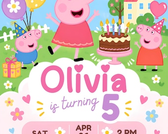 Mall för Peppa Pig-födelsedagsinbjudan, redigerbar digital festinbjudan (utskrivbar nedladdning)