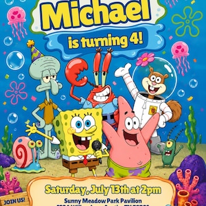 Op de afbeelding: Een verjaardagsuitnodiging met SpongeBob SquarePants-personages zoals Octo, Meneer Krabs, Sandy, Patrick, Gerrit en Plankton. De tekst luidt: Are ya ready, kids? Michael is turning 4! Saturday, July 13th at 2pm, Sunny Meadow Park Pavilion, 1234 Willow Lane Austin, TX 78701, RSVP at (555) 234-5678.