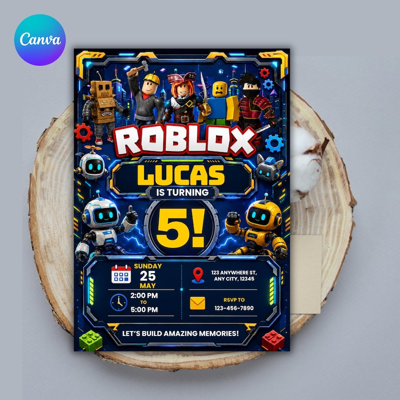 May include: A rectangular birthday invitation card featuring a dark blue digital theme with Roblox characters, the text ROBLOX LUCAS IS TURNING 5!, date, time, location, and RSVP details. The design includes colorful robot figures, gears, and building blocks.