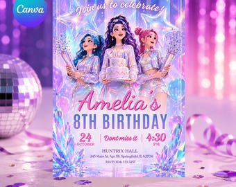 K-pop verjaardagskaart sjabloon, Neon meidengroep feest, bewerkbare Canva uitnodiging (digitale download)