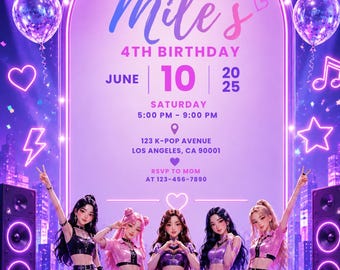 May include: A digital birthday invitation featuring a neon purple theme with five figures in stylish outfits. Text reads: You're invited to Mile's 4th Birthday, June 10 2025, Saturday 5:00 PM - 9:00 PM, 123 K-Pop Avenue, Los Angeles, CA 90001, RSVP to Mom at 123-456-7890.