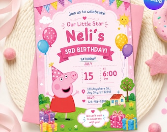 Peppa Pig Birthday Invitation, Editable Canva Template, Personalized Kids Party Invite, Printable Digital Download