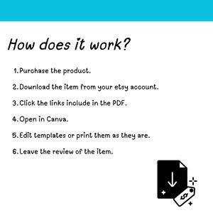 May include: A white informational graphic with a cyan header featuring the text How does it work? followed by a numbered list of six steps for purchasing, downloading, accessing links in a PDF, editing in Canva, and leaving a review.