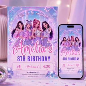 Könnte beinhalten: Eine rechteckige Geburtstagseinladungskarte und ein Smartphone, das dasselbe digitale Design anzeigt. Die Grafik zeigt vier Figuren im Anime-Stil in violetten und rosa Outfits mit dem Text: Join us to celebrate! Amelia's 8TH BIRTHDAY, 24 OCTOBER, 4:30 PM, HUNTRIX HALL, 245 Main St, Apt 3B, Springfield, IL, 62704, RSVP (304) 333-3257.