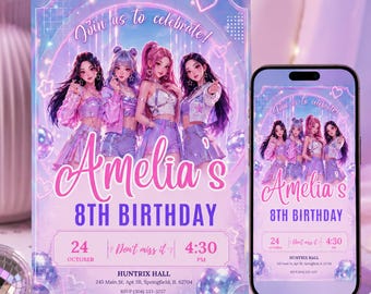 May include: A rectangular birthday invitation card and a smartphone displaying the same digital design. The graphic features four anime-style figures in purple and pink outfits with the text: Join us to celebrate! Amelia's 8TH BIRTHDAY, 24 OCTOBER, 4:30 PM, HUNTRIX HALL, 245 Main St, Apt 3B, Springfield, IL, 62704, RSVP (304) 333-3257.
