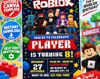 May include: A rectangular birthday invitation template featuring Roblox characters, colorful confetti, and building blocks. The text includes JOIN US TO CELEBRATE PLAYER IS TURNING 8, date, time, location, and RSVP details on a dark blue background.