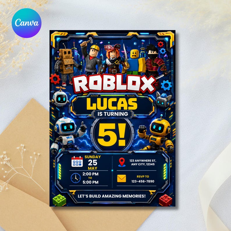 May include: A rectangular birthday invitation card featuring a dark blue digital background with Roblox characters, the text "ROBLOX LUCAS IS TURNING 5!", event details for Sunday 25 May, 2:00 PM to 5:00 PM, "123 ANYWHERE ST, ANY CITY, 12345", and "RSVP TO 123-456-7890".