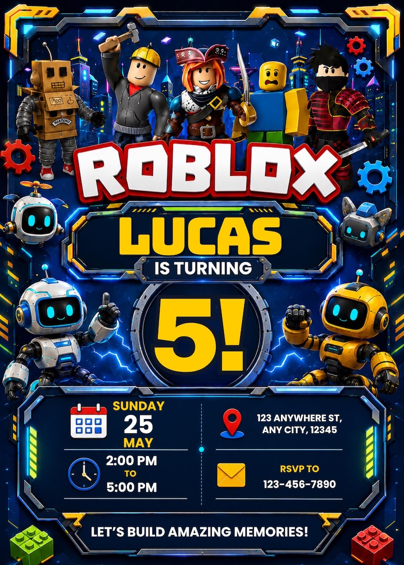 May include: A digital birthday invitation featuring Roblox characters, the text ROBLOX LUCAS IS TURNING 5!, date Sunday May 25, time 2:00 PM to 5:00 PM, location 123 Anywhere St, Any City, 12345, RSVP 123-456-7890, and the text LET'S BUILD AMAZING MEMORIES!