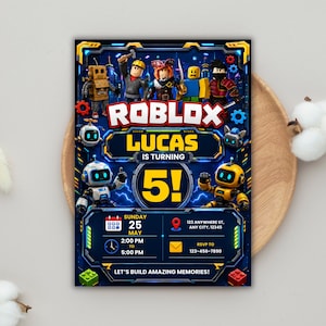 May include: A rectangular birthday invitation card featuring a dark blue background with Roblox characters, the text "ROBLOX LUCAS IS TURNING 5!", a calendar icon for Sunday 25 May, a clock icon for 2:00 PM to 5:00 PM, a location pin, and an envelope icon.