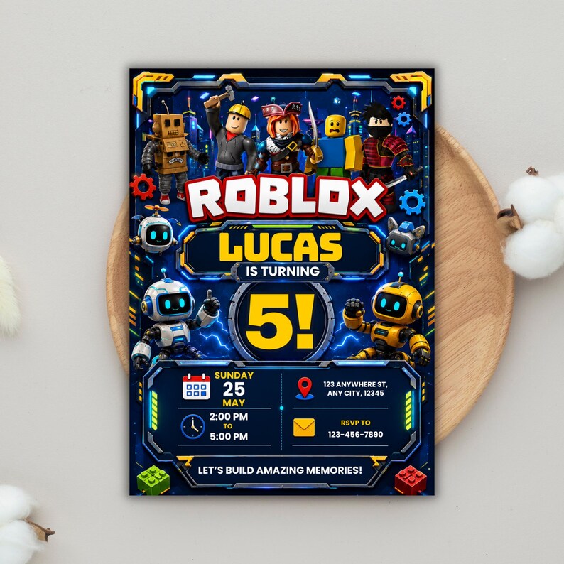 May include: A rectangular birthday invitation card featuring a dark blue background with Roblox characters, the text "ROBLOX LUCAS IS TURNING 5!", a calendar icon for Sunday 25 May, a clock icon for 2:00 PM to 5:00 PM, a location pin, and an envelope icon.